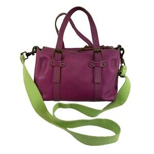 Sofia C Pink Leather Satchel Purse Handbag Zip Green Crossbody Double Handles